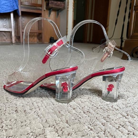 Vintage J. Renee Lucite and Red Satin and Roses Peep Toe Shoes~~Size 5 1/2 - Picture 3 of 8